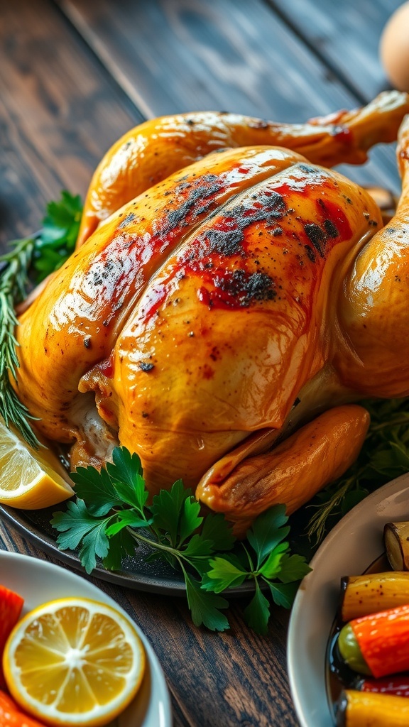 Oven-Baked Chicken with Herbs Roasted chicken with herbs and lemon slices on a wooden table, served with vegetables.